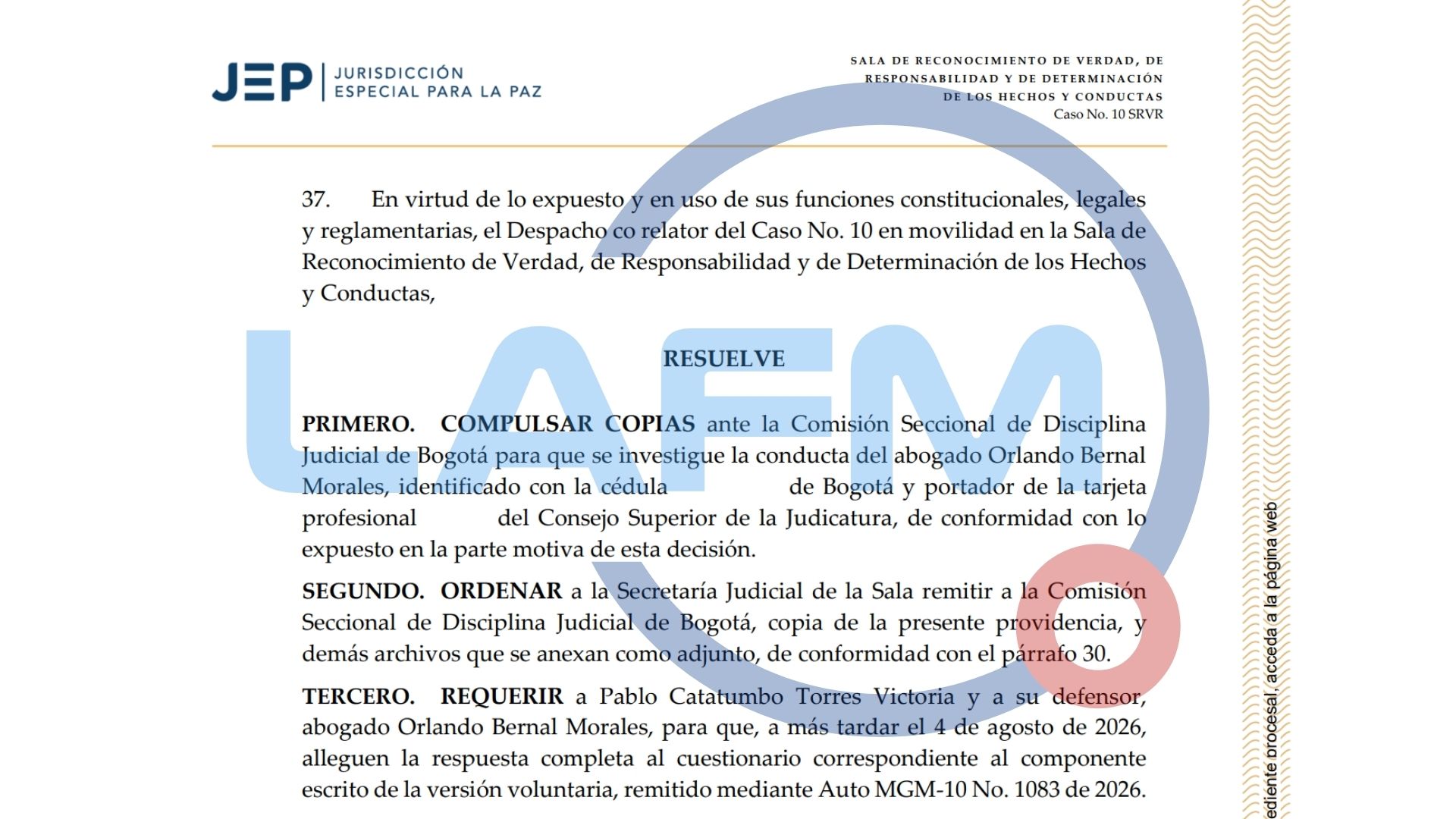 La JEP compulsó copias contra el abogado de Pablo Catatumbo y le dio un ultimátum al exjefe guerrillero, por reiterados incumplimientos al régimen de condicionalidad de la justicia transicional.