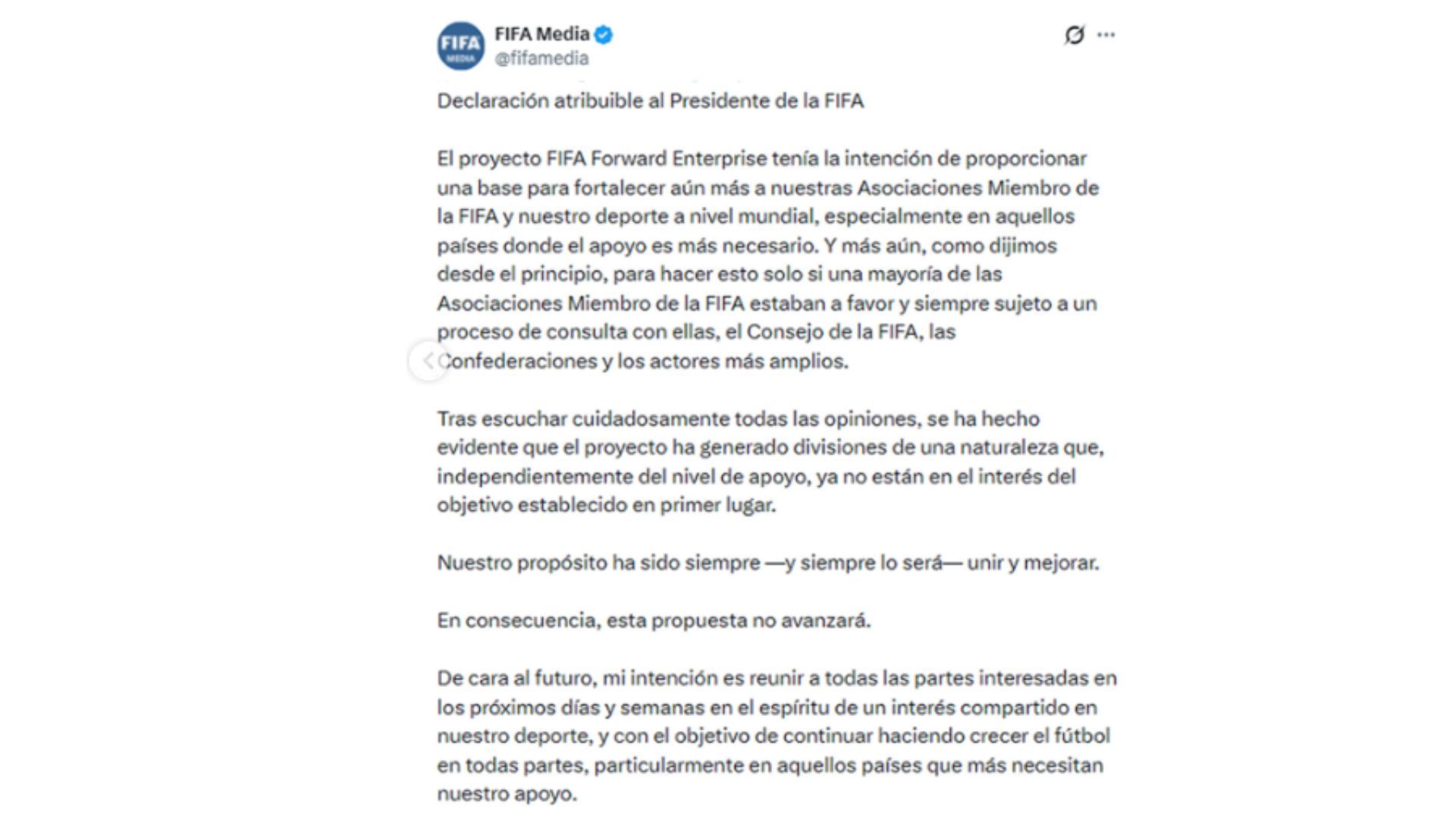 Se cancela FFE de Infantino.