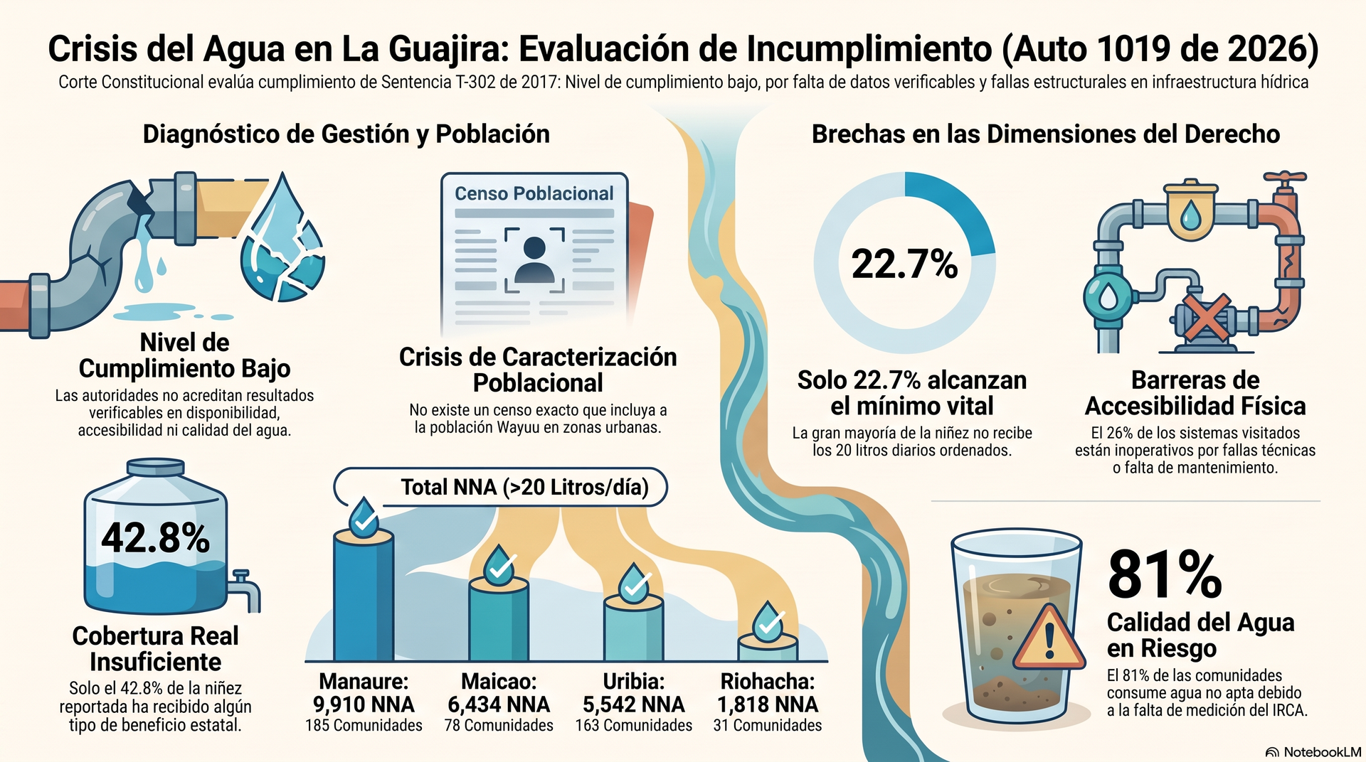 La Corte Constitucional advirtió sobre la persistencia de una crisis de agua potable en La Guajira que afecta, principalmente, a la población wayuu, a quien el Gobierno nacional y las autoridades locales no le garantizan un acceso efectivo al recurso vital.
