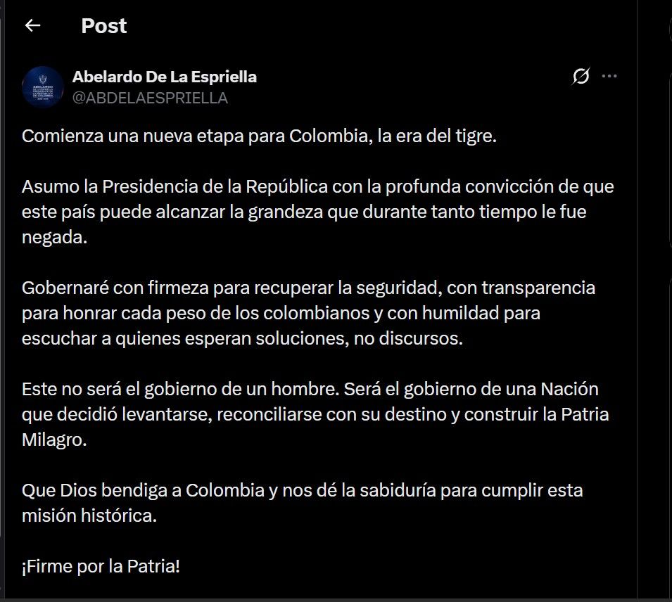 Este fue el primer mensaje de Abelardo De la Espriella como presidente de Colombia.