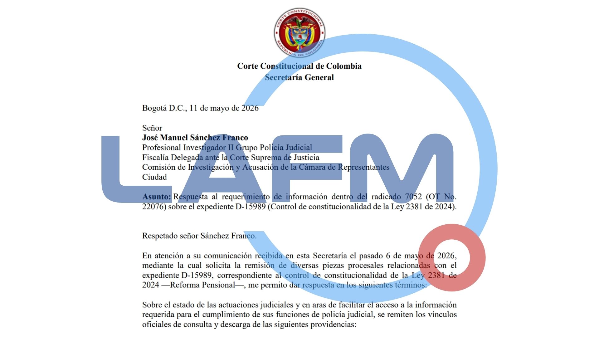 La Corte Constitucional le respondió a un investigador de Policía Judicial adscrito a la Comisión de Acusación. El alto tribunal se dispone a debatir nuevamente la reforma pensional que propuso el gobierno de Gustavo Petro y que lleva más de un año suspendida.