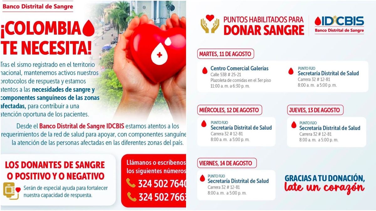 Banco de Sangre de Bogotá activa protocolo de contingencia y activa puntos de donación tras el terremoto