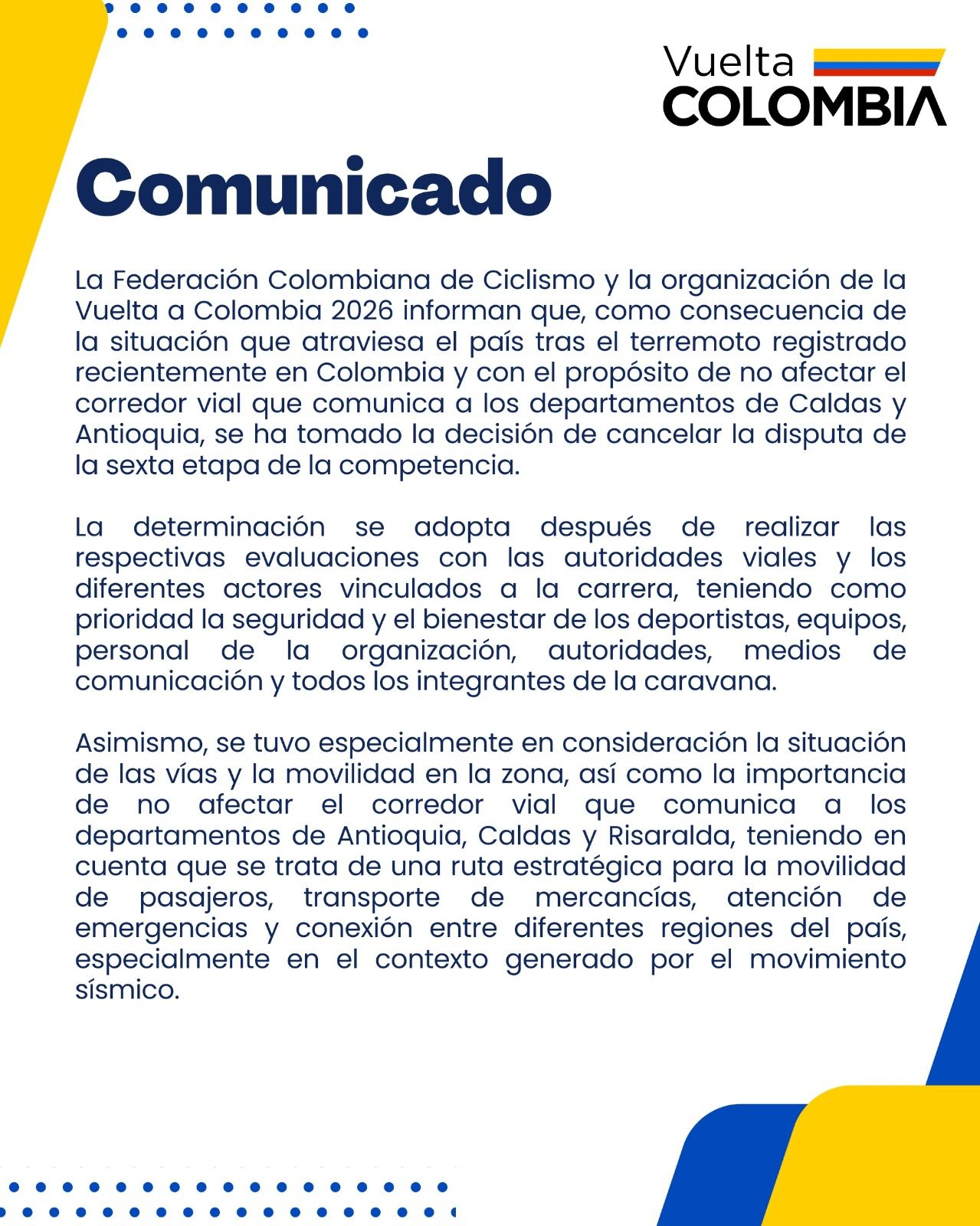 Comunicado de Fedeciclismo, Vuelta Colombia 2026
