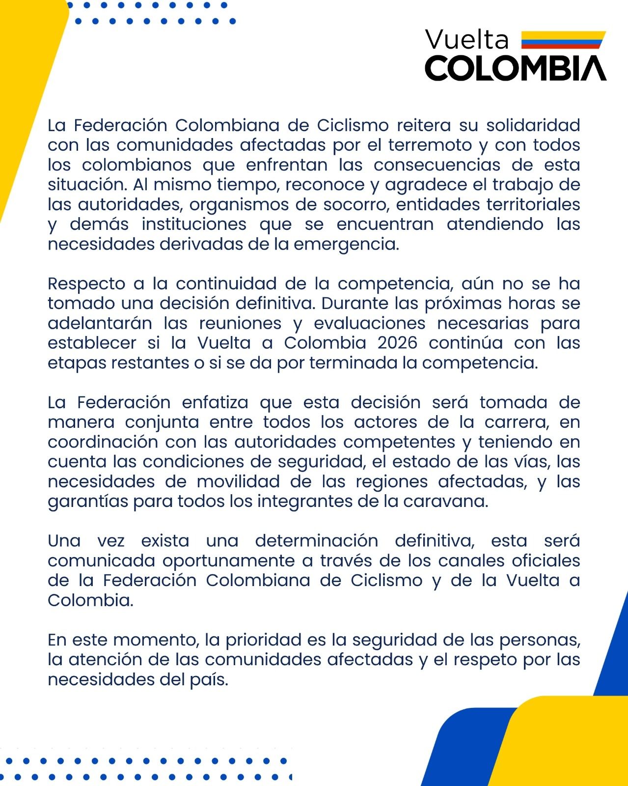 Comunicado de Fedeciclismo, Vuelta Colombia 2026