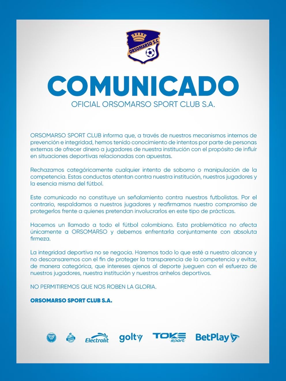 Comunicado completo de Orsomarso sobre posibles amaños en el fútbol colombiano