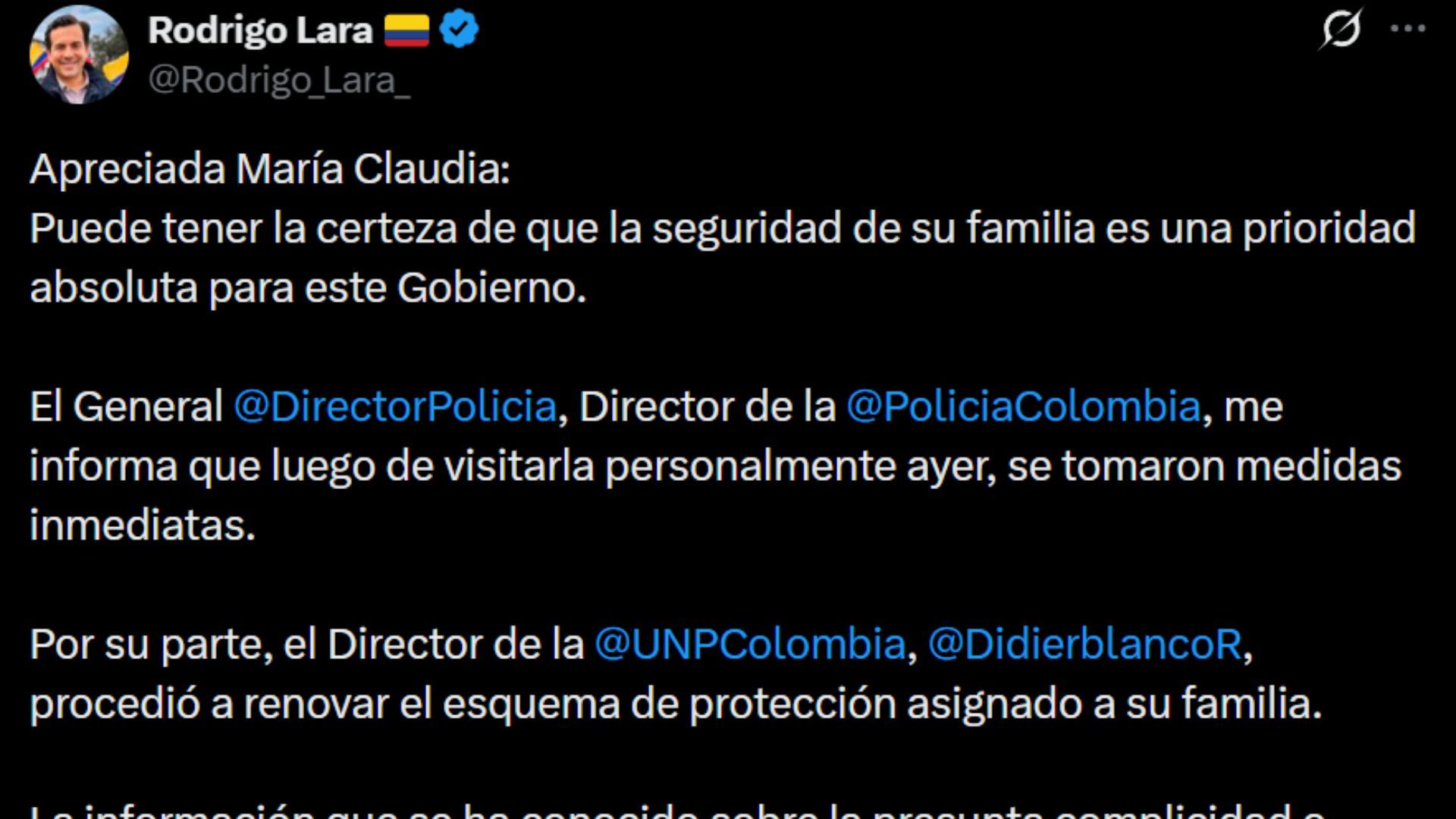 Trino en el que el ministro del Interior confirmó que el esquema de seguridad de la familia de Miguel Uribe fue renovado.