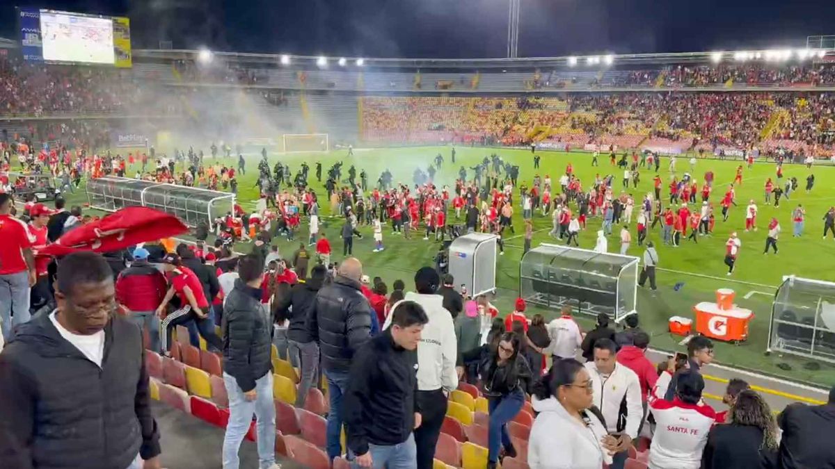 Hinchas de Santa Fe y América se enfrentaron en El Campín, donde el partido tuvo que ser suspendido por los disturbios.