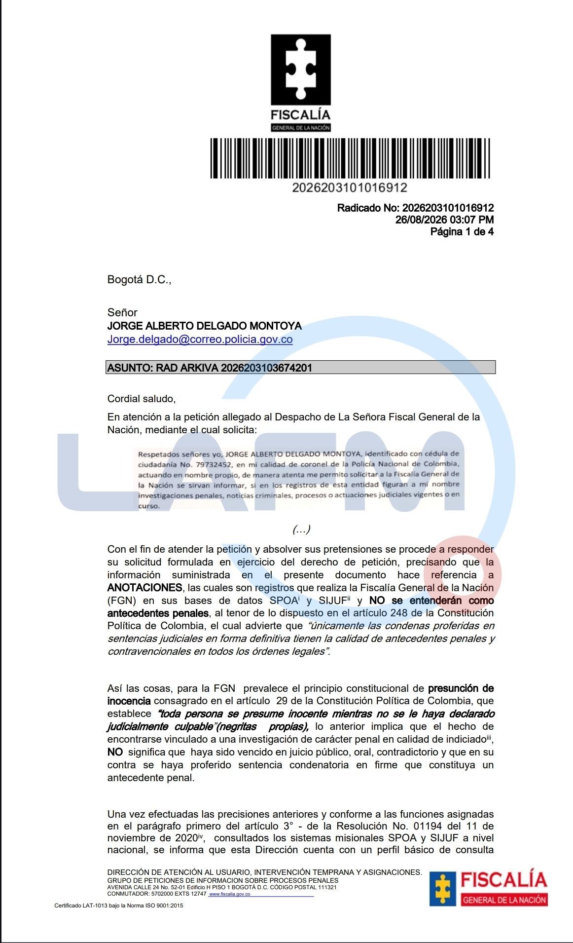 Pruebas de la Fiscalía frente al caso del Coronel Jorge Delgado.