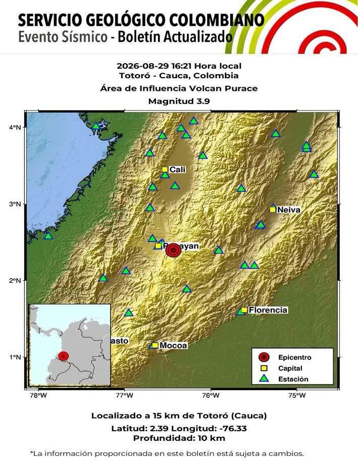 Primer sismo en la tarde de este sábado, registrado en en área de influencia del Volcán Puracé