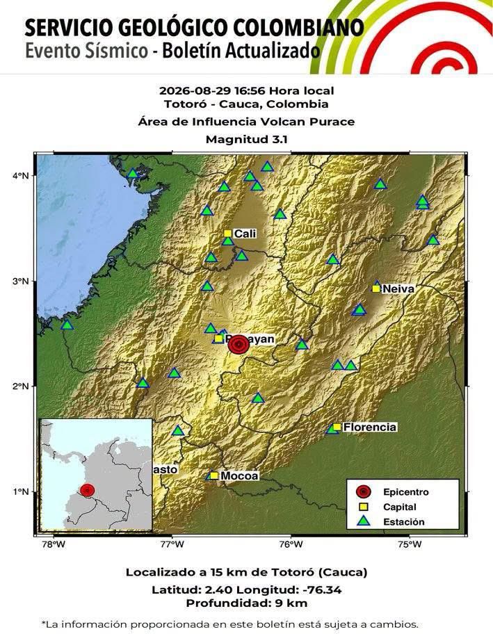 Segundo sismo registrado en la tarde de este sábado en Cauca, con una magnitud de 3.1