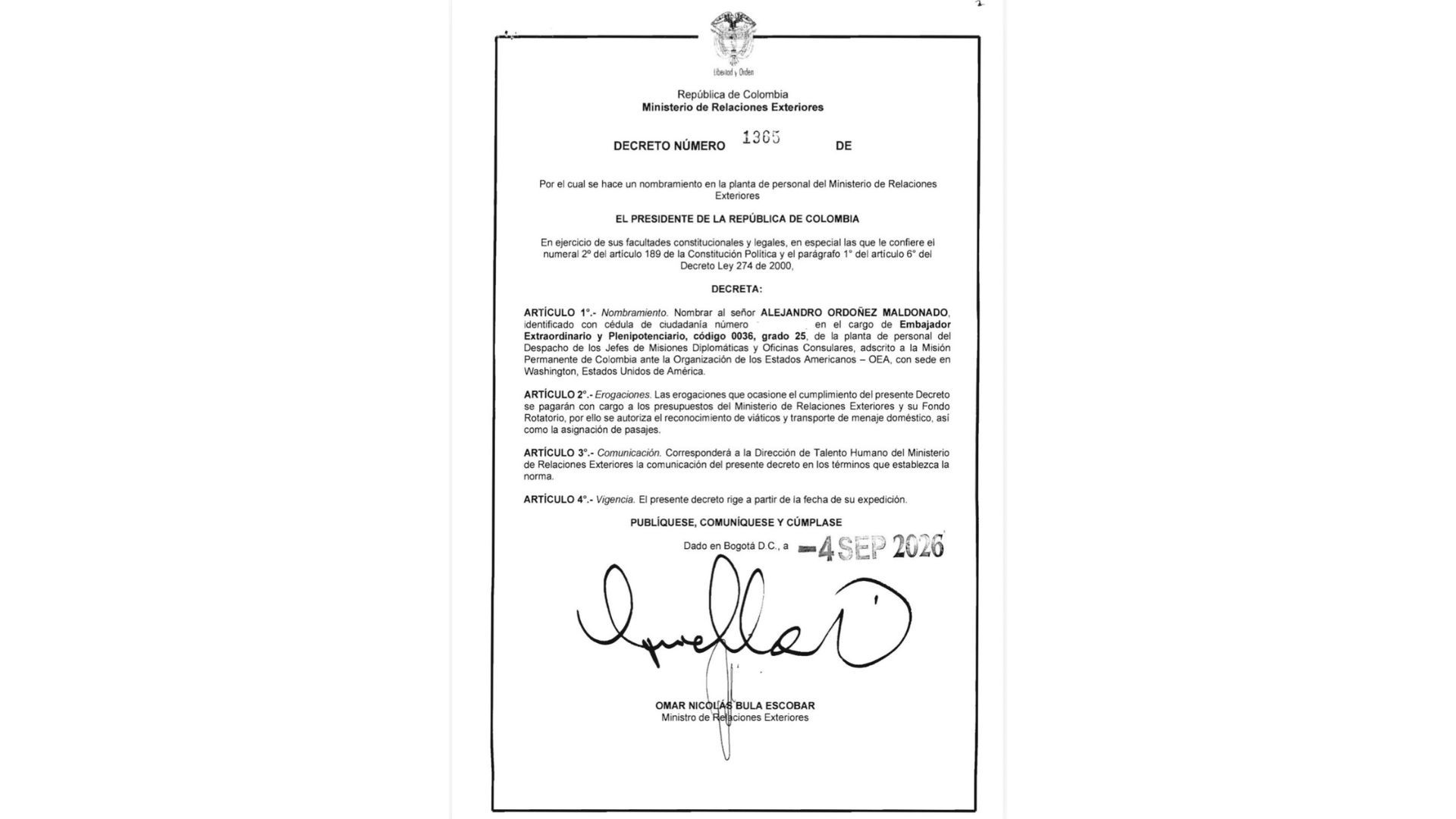 Abelardo de la Espriella oficializa a Alejandro Ordóñez como embajador ante la OEA