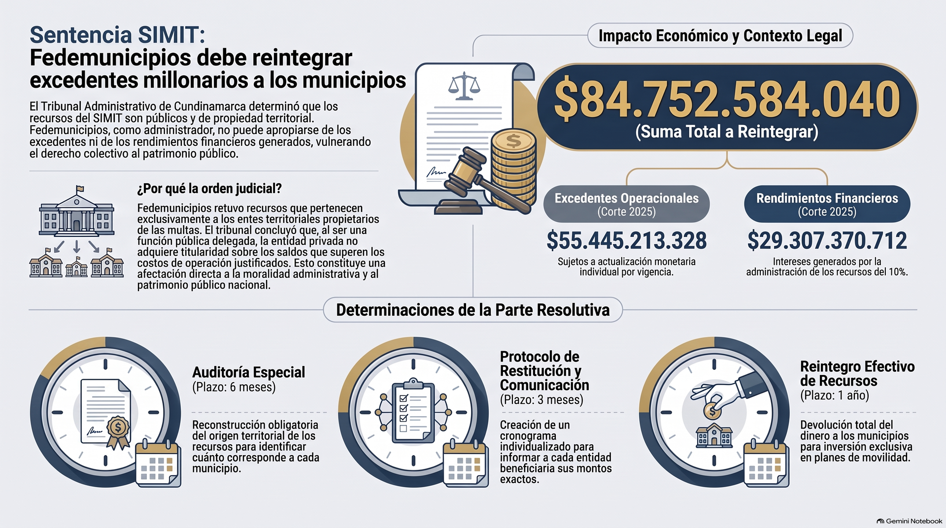Además de reintegrar más de $84,75 mil millones, Fedemunicipios debe diseñar una auditoría para los recursos que administra por el Simit. El tribunal sostuvo que ese dinero no le corresponde al gremio, sino que debe volver a las entidades territoriales.
