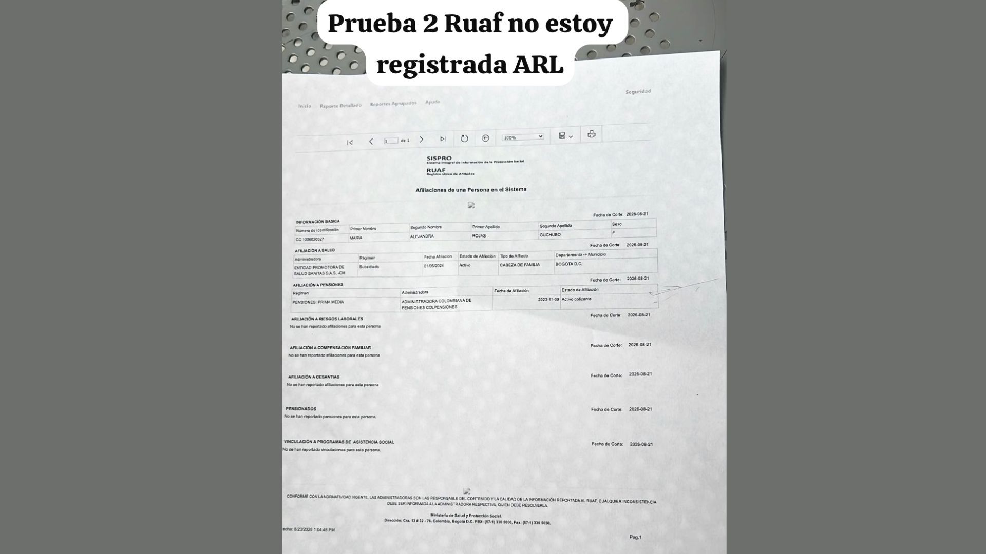 Rojas acudió a urgencias y explicó al personal médico cómo ocurrió la caída. Según cuenta, durante la atención le solicitaron los datos de la ARL.