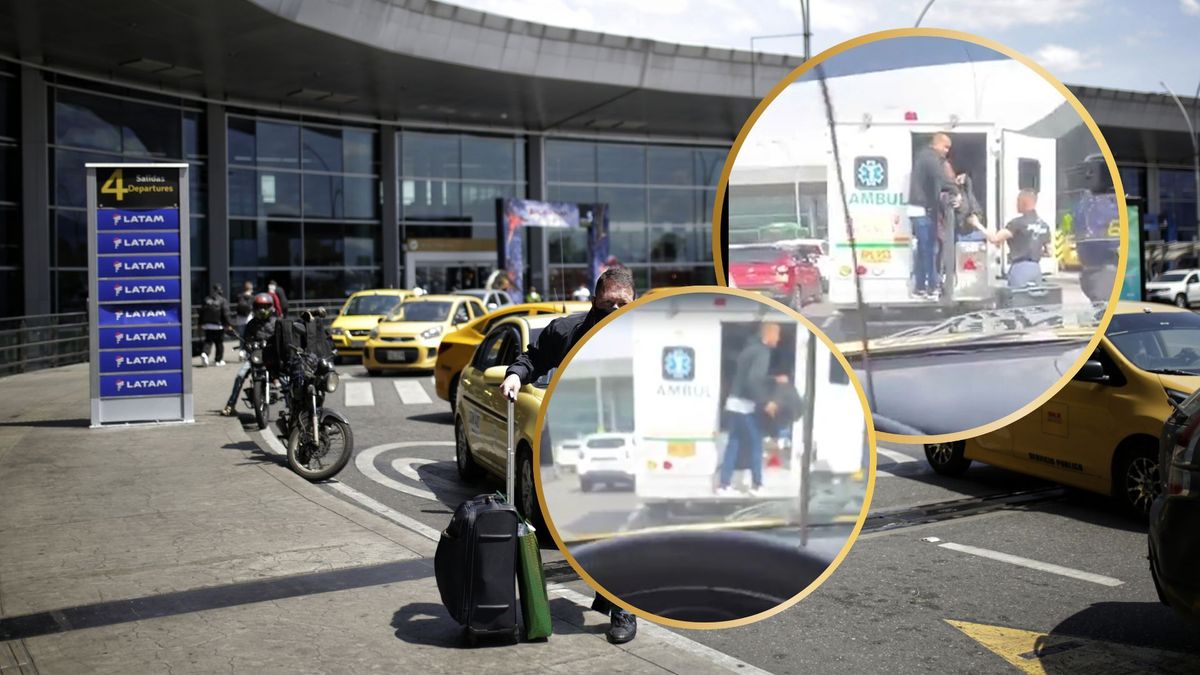 Ambulancia captada transportando pasajeros y equipajes en el aeropuerto El Dorado de Bogotá.