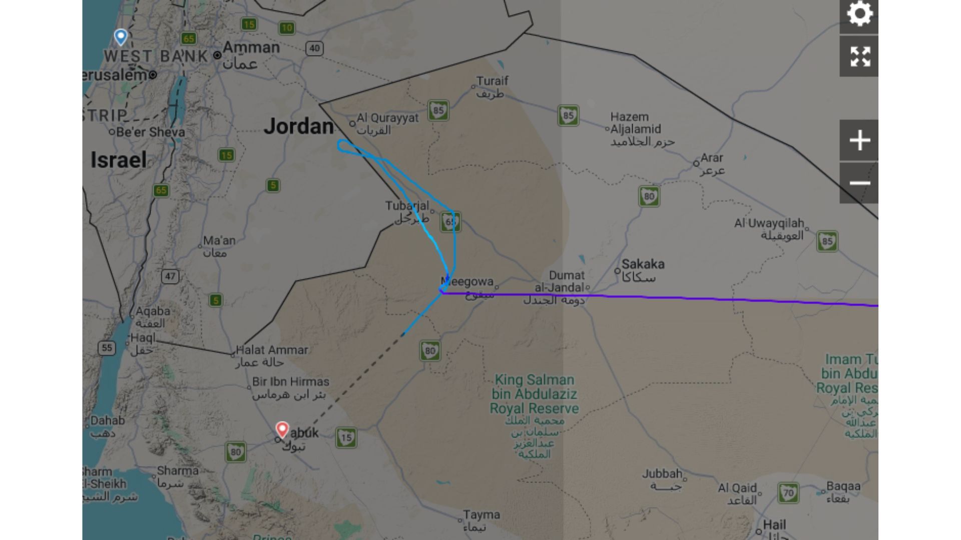 El vuelo se desvió hasta en cinco ocasiones antes de aterrizar en Tabuk.