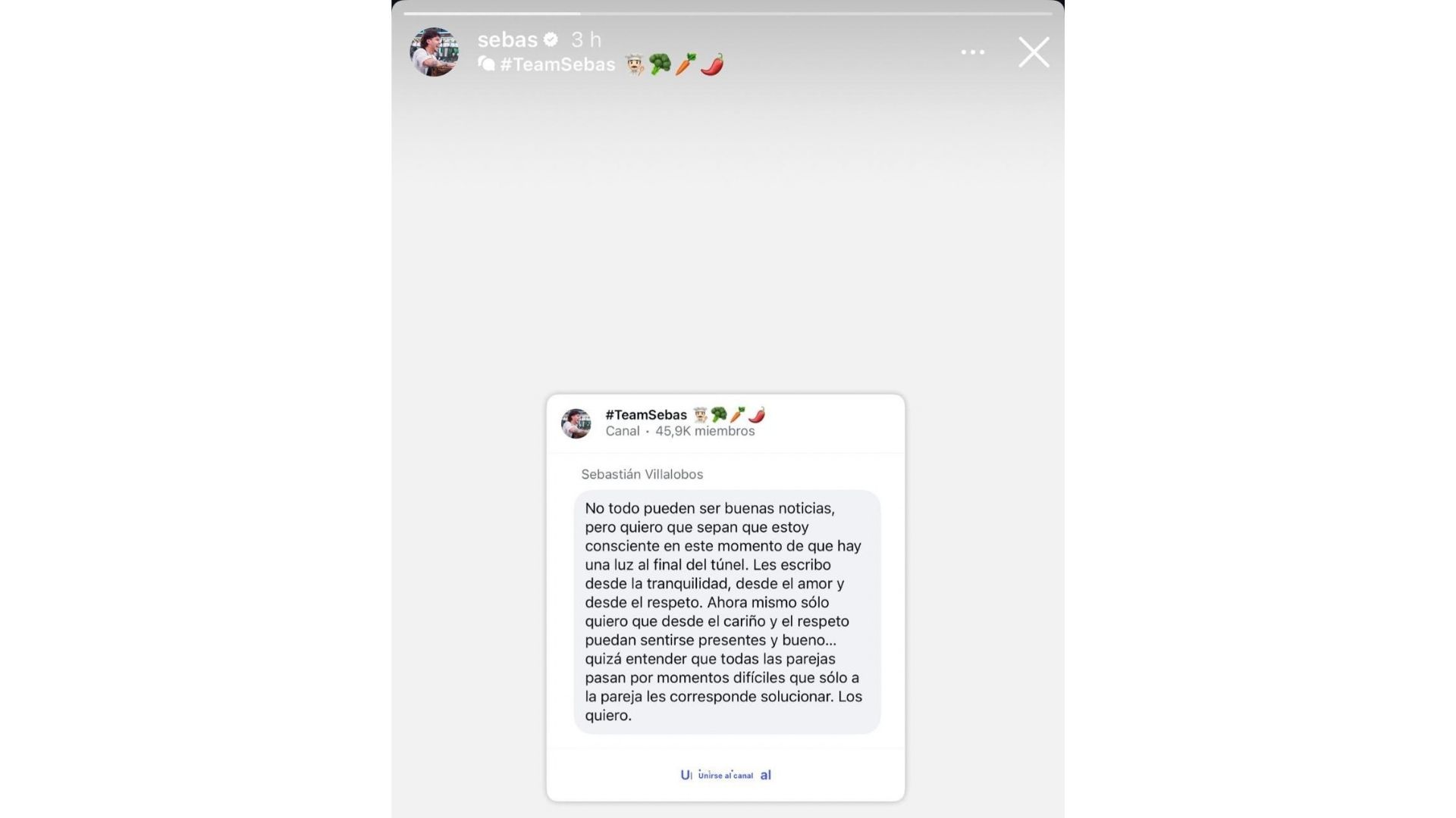 Mensaje de Sebastián Villalobos.
