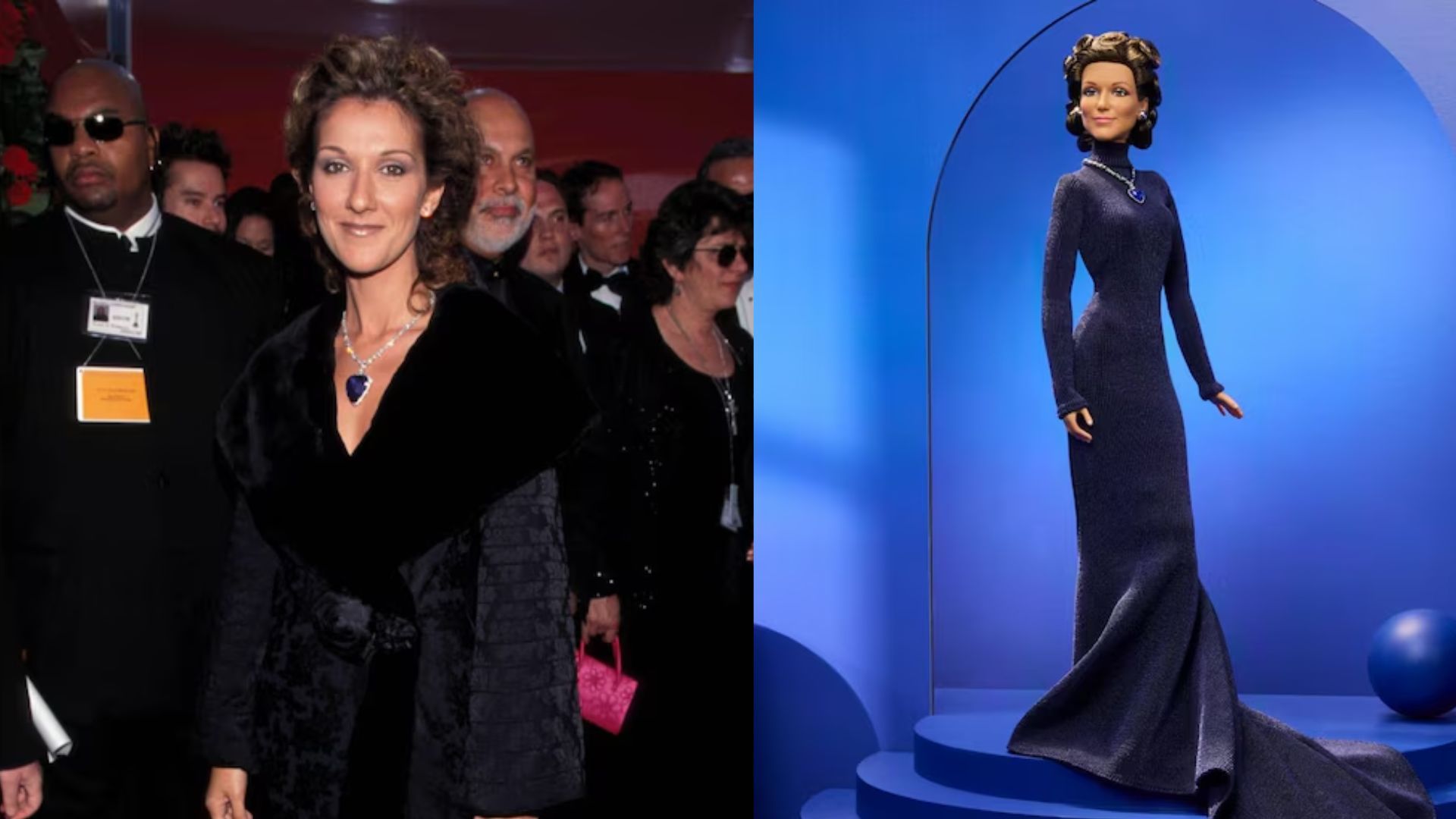 La compañía Mattel tomó como referencia el vestido azul marino de mangas largas que Dion utilizó durante aquella ceremonia.