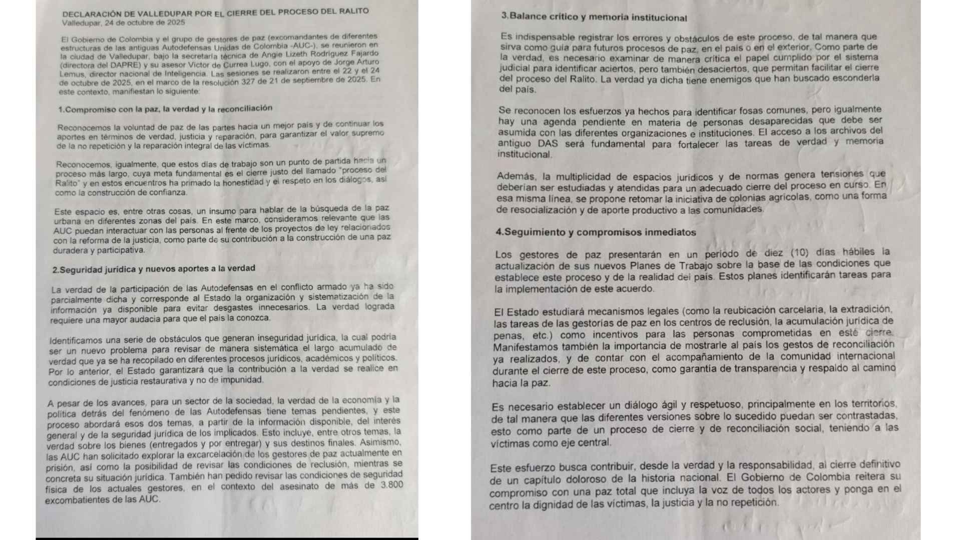 El documento presentado a los exjefes de las AUC incluía una propuesta para vincularlos a las discusiones sobre la reforma a la justicia, un punto que no quedó consignado en los mismos términos en la declaración publicada por el Dapre.