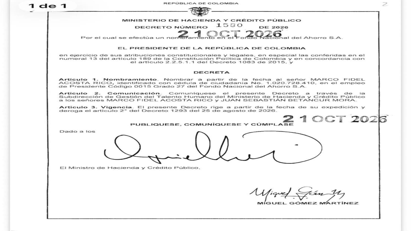 Nombramiento de presidente de FNA