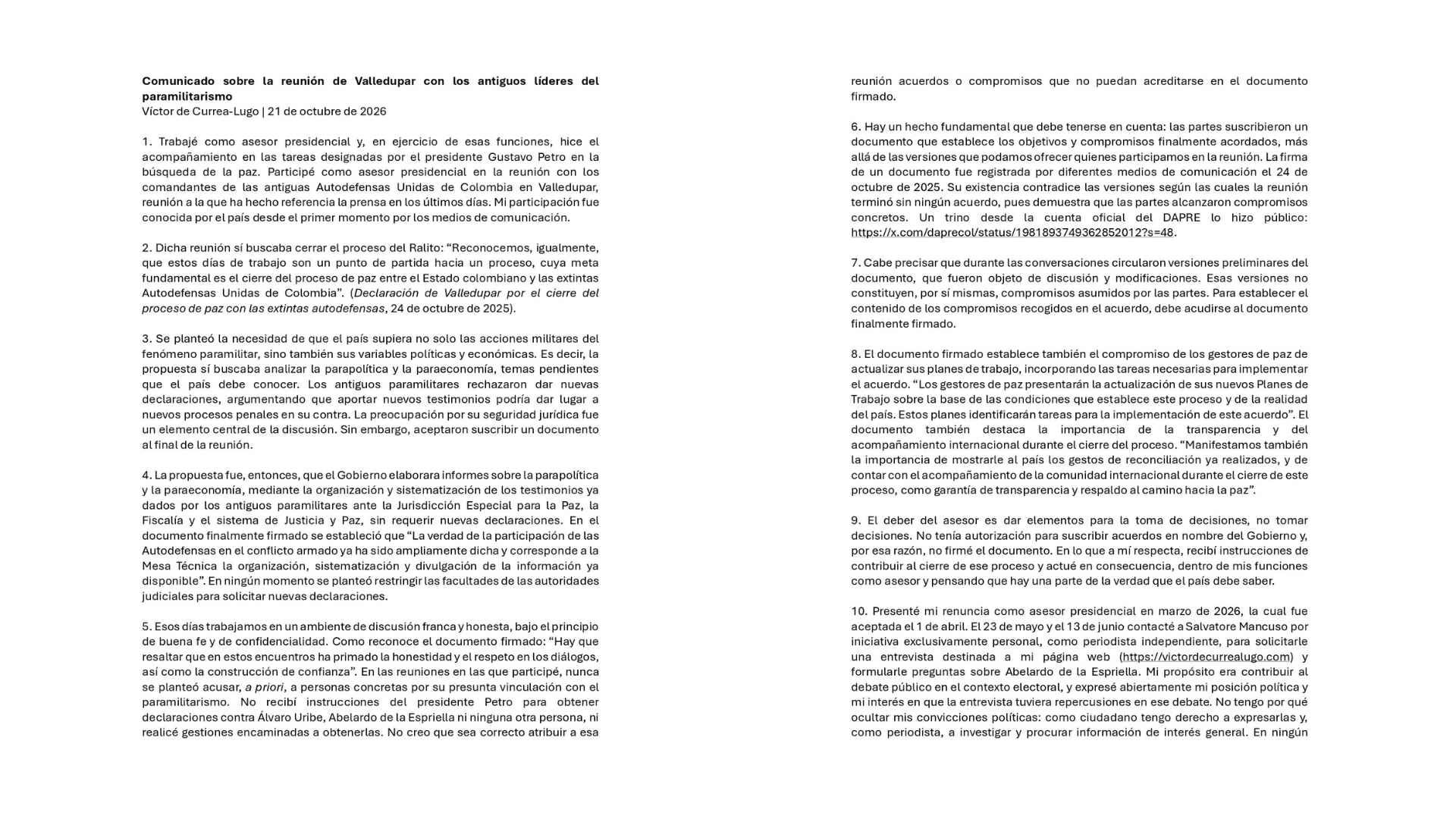 Comunicado de Víctor de Currea-Lugo.