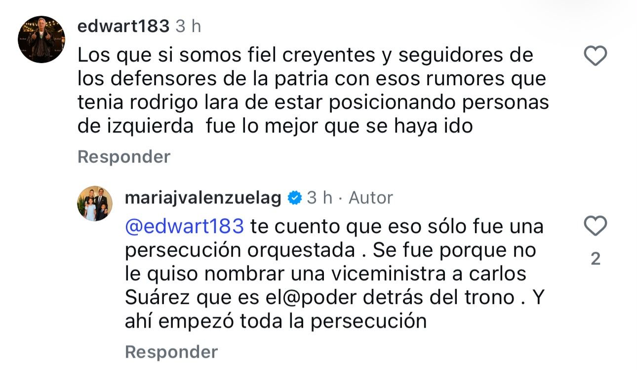 Comentario de la esposa de Rodrigo Lara en Instagram