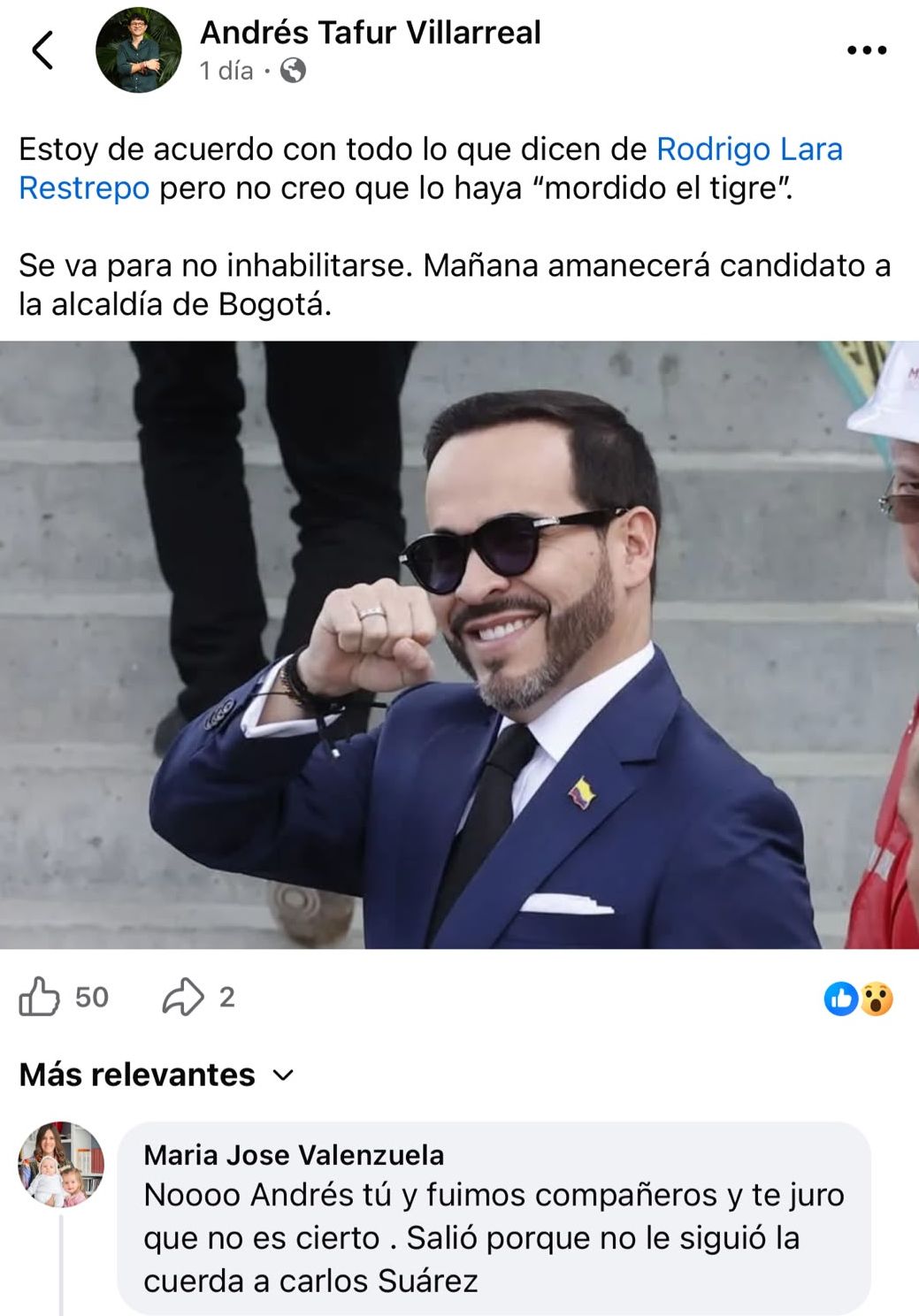 Comentario de la esposa de Rodrigo Lara en Facebook