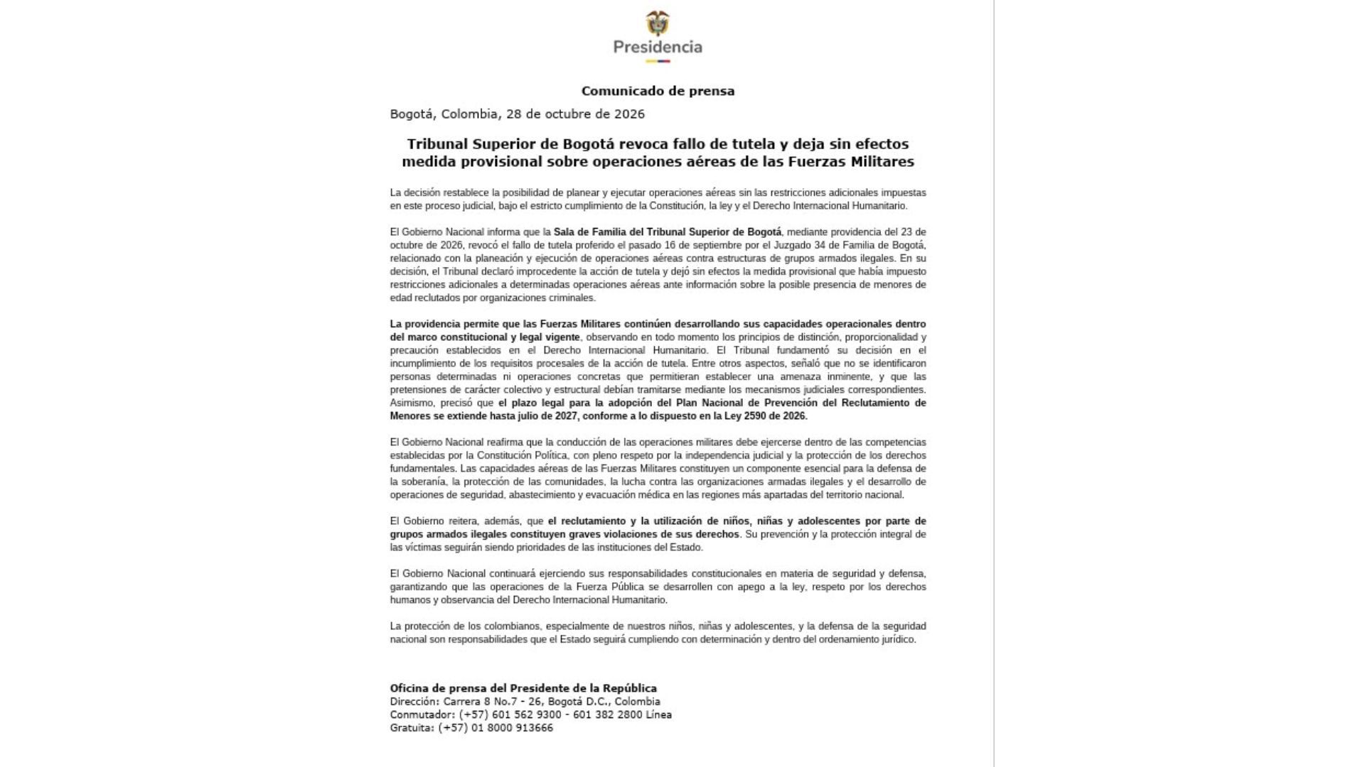 Tribunal de Bogotá revoca orden a Fuerzas Militares sobre bombardeos y menores
